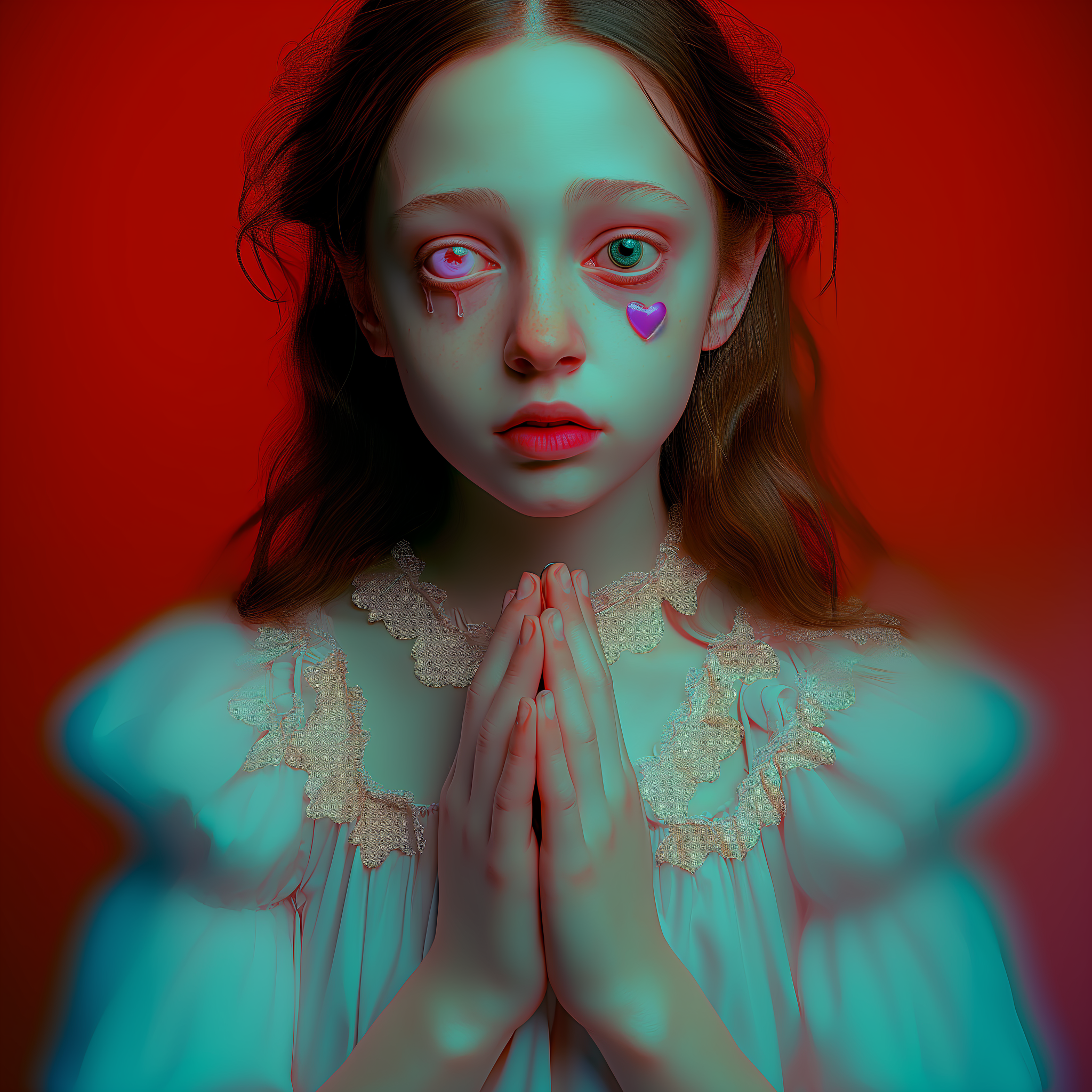 A digital portrait of a young girl with a serene expression, praying with her hands clasped together. She has pale skin and large, striking blue eyes that are welling with tears made of small red gemstones. Her hair is light brown and loosely pulled back. The girl has two heart-shaped patches, one on each cheek, and a third adorning her forehead, all in shades of red and pink. The background is a rich, uniform red that contrasts with her pale green vintage dress, which has delicate white lace at the collar. The image has a three-dimensional effect with a slight red and blue outline around her figure, suggesting an anaglyph 3D image