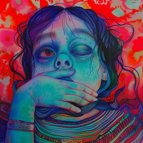 A vividly colored digital painting portrays a child with eyes closed and a hand covering their mouth as if to keep silent. The child's skin is a surreal shade of aquamarine with touches of lavender, and their hair is a deep blue, blending into the fantastical tones of the piece. Intricate patterns, resembling both sound waves and tribal markings, decorate their visible hand and the cloth draped over their shoulders, which features a multitude of thin, colorful stripes. The background is a dynamic array of reds and corals with splotches of pale blue, adding to the dream-like quality of the image. The overall effect is one of deep introspection and the unspoken richness of the inner world.