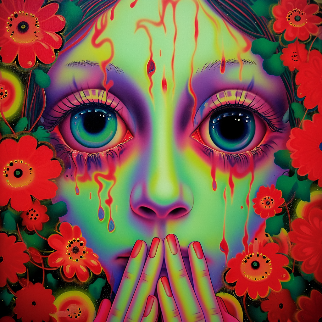 An intricate, surreal painting featuring a face with large, expressive eyes with blue irises, surrounded by a psychedelic array of bright red and orange flowers. Streaks of yellow, red, and green flow down from the eyes like colorful tears, blending into the vibrant floral backdrop. The face has a greenish hue with a nose and mouth partially obscured by hands clasped over the mouth area. The overall mood is one of deep emotion and contemplation