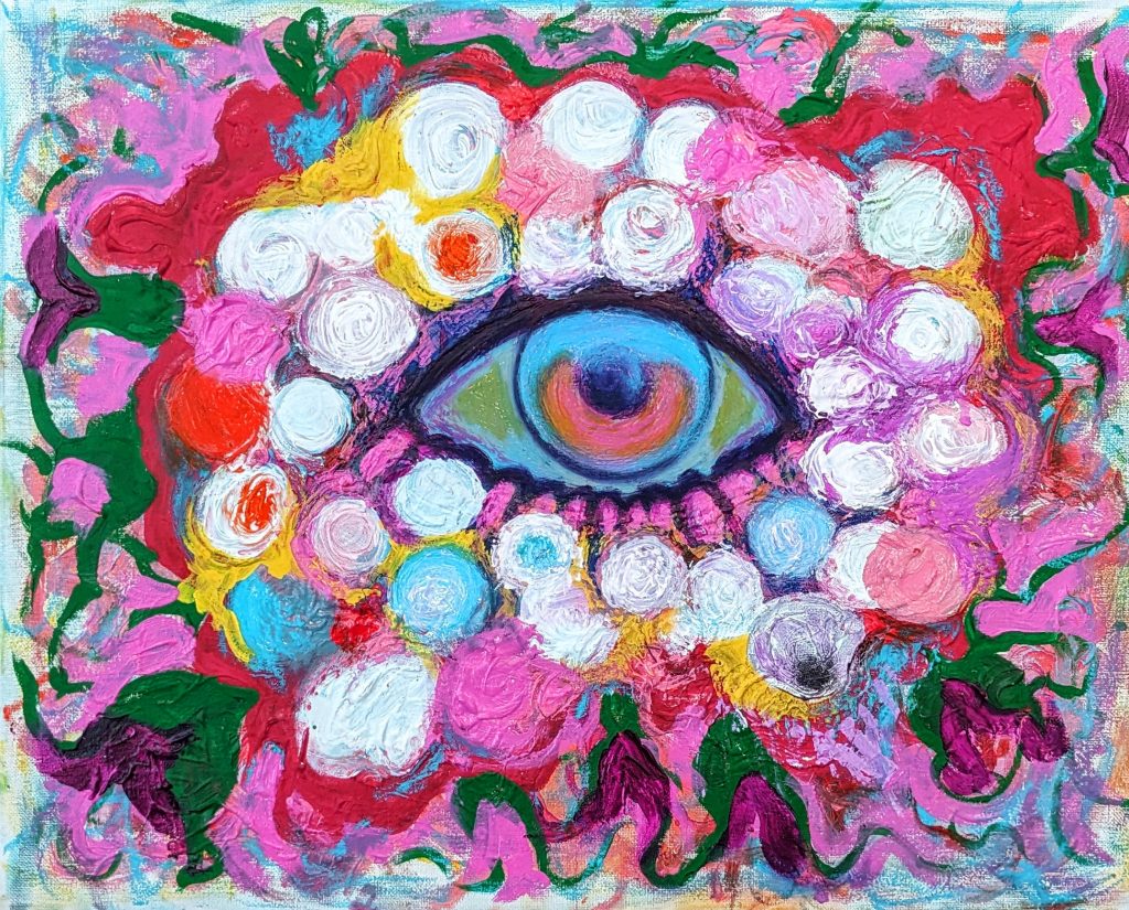 A vibrant abstract painting featuring a detailed eye in the center, surrounded by swirling, colorful textures in pink, purple, blue, and green, with white orbs framing the eye.