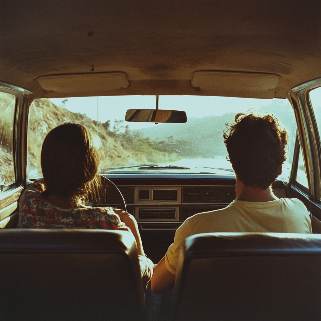 1970 photo with a girl and boy driving in a car