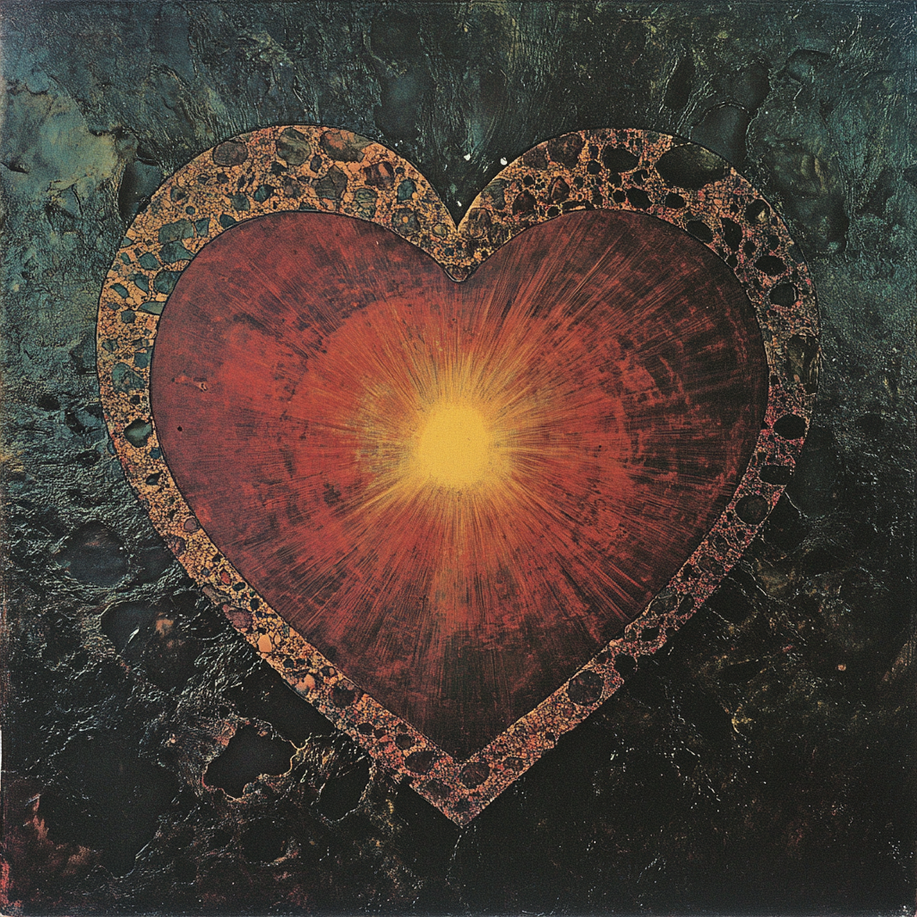 Black background, red heart resonating in center with yellow spark in center of heart